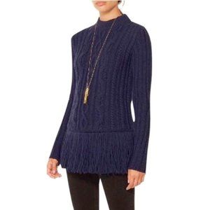 TORY BURCH NAVY blue aran Cable Valero wool FRINGE Sweater M